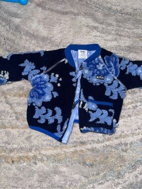 Kith Navy and Light Blue Floral Sherpa Kids Jacket